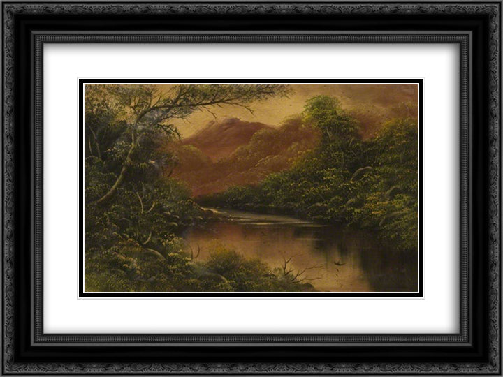 River Scene with Trees and Mountains 24x18 Black Ornate Wood Framed Art Print Poster with Double Matting by Collins, William