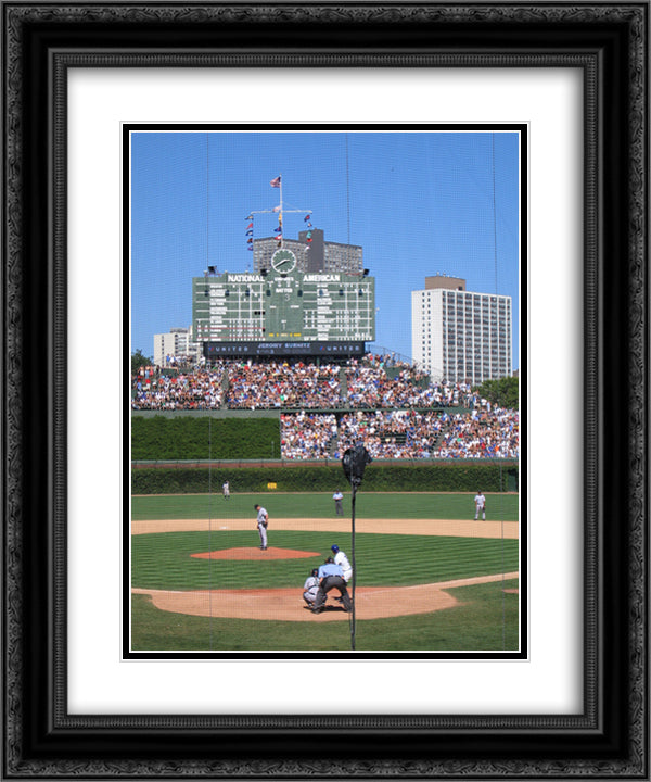 Wrigley Field 20x24 Black Ornate Wood Framed Art Print Poster with Double Matting