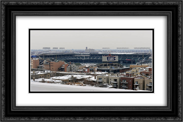 Wrigley Field in Winter 24x16 Black Ornate Wood Framed Art Print Poster with Double Matting