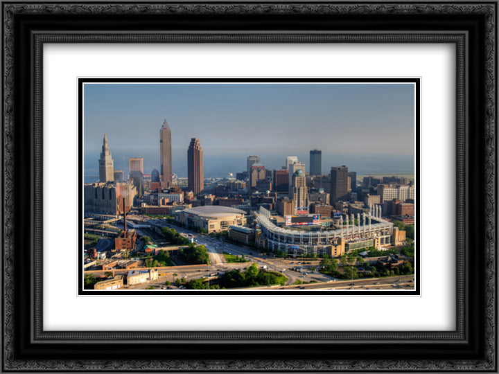 Progressive Field 24x18 Black Ornate Wood Framed Art Print Poster with Double Matting