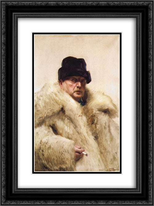 Self-portrait in a wolfskin 18x24 Black Ornate Wood Framed Art Print Poster with Double Matting by Zorn, Anders