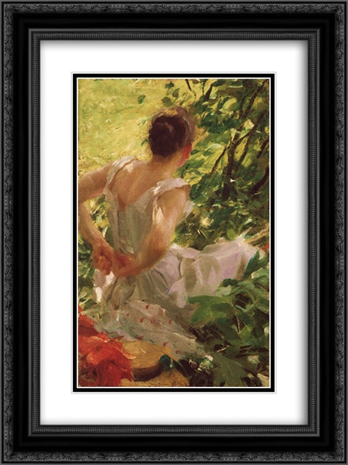 Woman dressing 18x24 Black Ornate Wood Framed Art Print Poster with Double Matting by Zorn, Anders