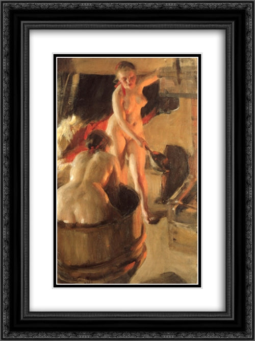 Women bathing in the sauna 18x24 Black Ornate Wood Framed Art Print Poster with Double Matting by Zorn, Anders