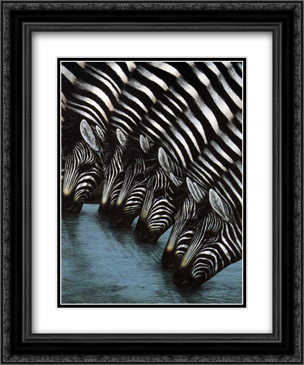 Zebra's Watering Hole 15x18 Black Ornate Wood Framed Art Print Poster with Double Matting by Griffin, Dexter