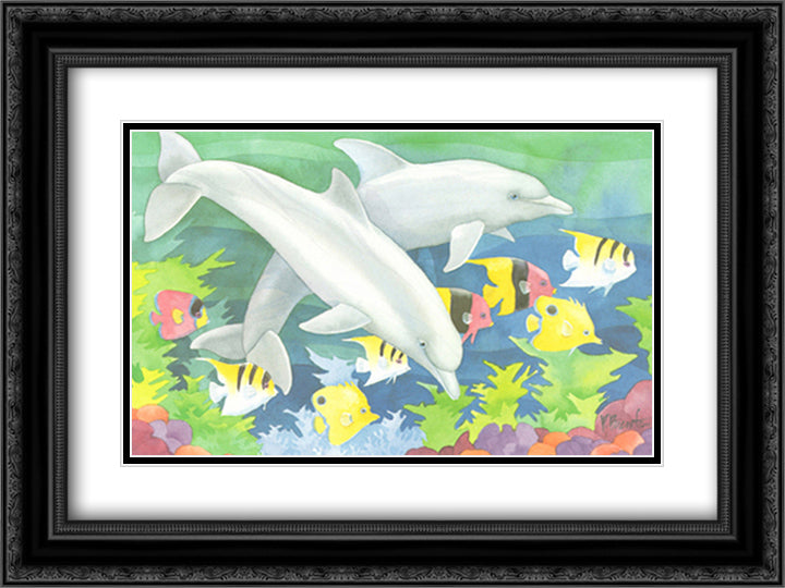 Dolphin Duo 19x16 Black Ornate Wood Framed Art Print Poster with Double Matting by Brent, Paul