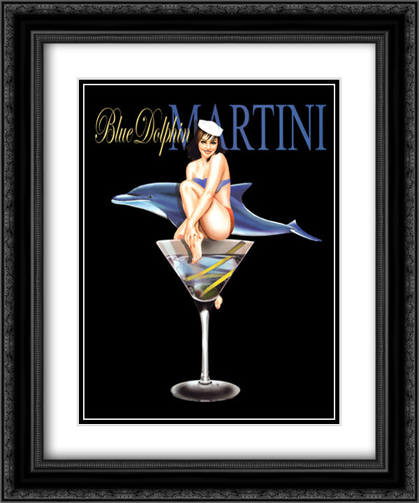 Blue Dolphin Martini 16x19 Black Ornate Wood Framed Art Print Poster with Double Matting by Burch, Ralph