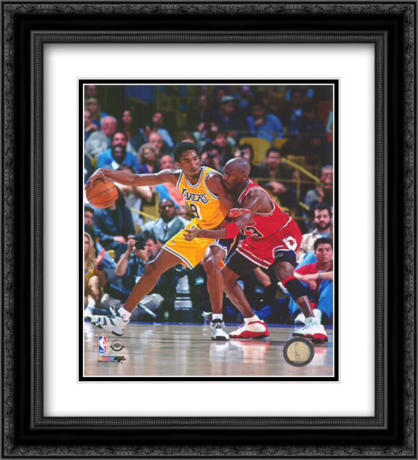Michael Jordan & Kobe Bryant 1998 Action 12x14 Black Ornate Wood Framed Art Print Poster with Double Matting