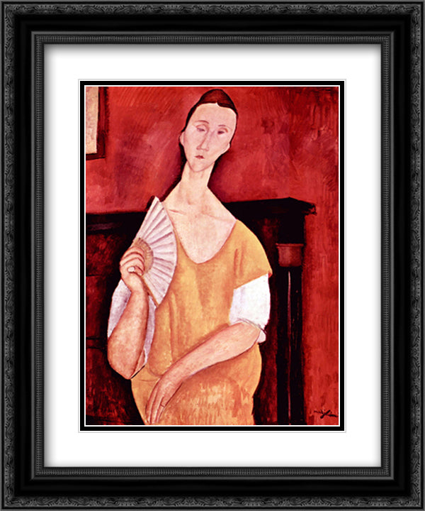 Woman with a Fan 15x18 Black Ornate Wood Framed Art Print Poster with Double Matting by Modigliani, Amedeo