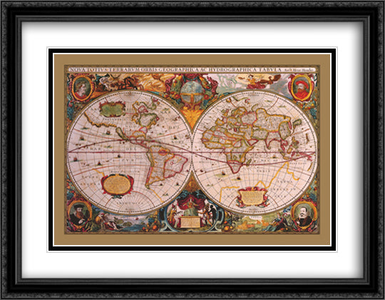 Map of the World (antique style) 40x28 Black Ornate Wood Framed Art Print Poster with Double Matting