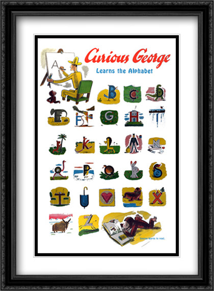 Curious George Learns the Alphabet 28x40 Black Ornate Wood Framed Art Print Poster with Double Matting by Rey, H. A.