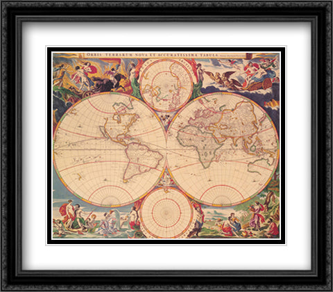 World Map 32x28 Black Ornate Wood Framed Art Print Poster with Double Matting by Visscher, Nicholas