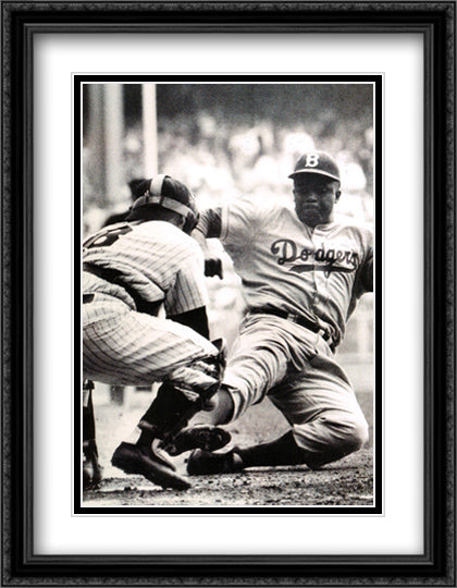 Jackie Robinson Stealing Home 28x40 Black Ornate Wood Framed Art Print Poster with Double Matting by Kauffman, Mark