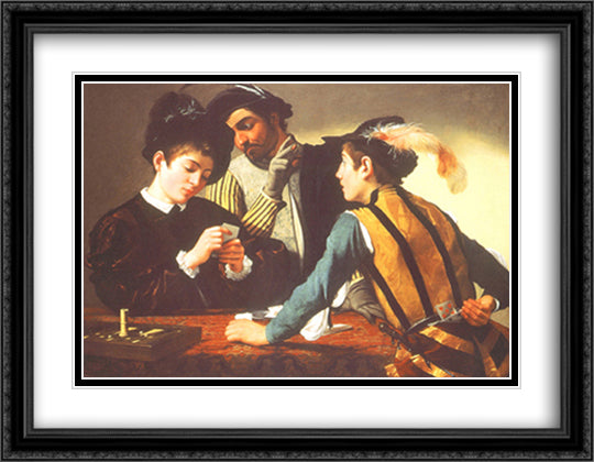 The Cardsharps 36x28 Black Ornate Wood Framed Art Print Poster with Double Matting by Michelangelo