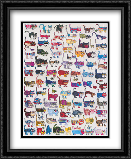 100 Cats and a Mouse 28x40 Black Ornate Wood Framed Art Print Poster with Double Matting by Fiorucci, Vittorio