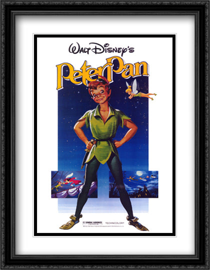 Peter Pan 28x36 Black Ornate Wood Framed Movie Poster with Double Matting