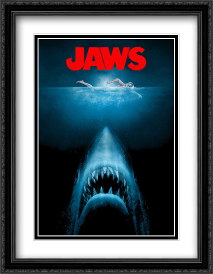 Jaws 28x36 Black Ornate Wood Framed Movie Poster with Double Matting