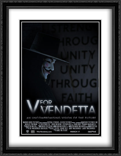 V for Vendetta 28x36 Black Ornate Wood Framed Movie Poster with Double Matting