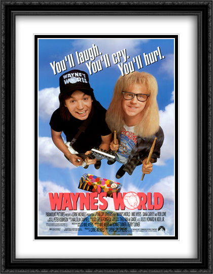 Waynes World 28x36 Black Ornate Wood Framed Movie Poster with Double Matting