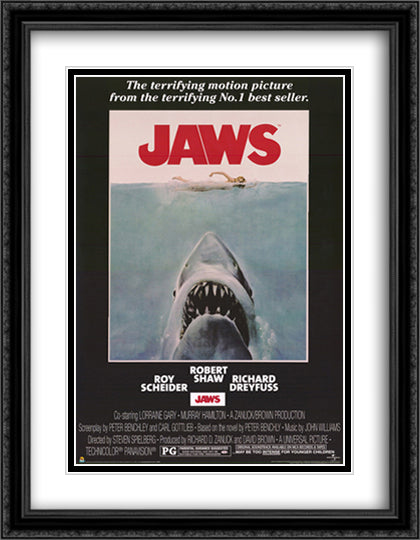 Jaws 28x36 Black Ornate Wood Framed Movie Poster with Double Matting