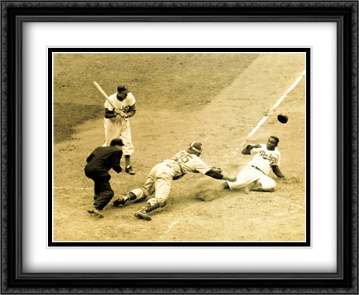 Jackie Robinson Stealing Home 34x28 Black Ornate Wood Framed Art Print Poster with Double Matting