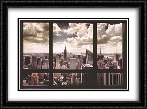 New York Window 40x28 Black Ornate Wood Framed Art Print Poster with Double Matting