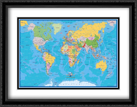 Political World Map, c.2007 (Miller Projection) 40x28 Black Ornate Wood Framed Art Print Poster with Double Matting