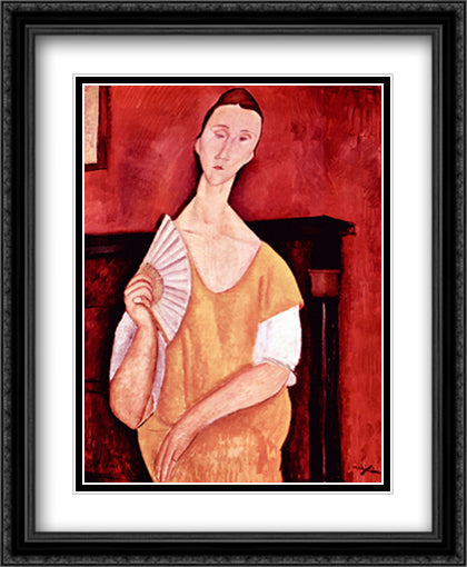 Woman with a Fan 28x34 Black Ornate Wood Framed Art Print Poster with Double Matting by Modigliani, Amedeo