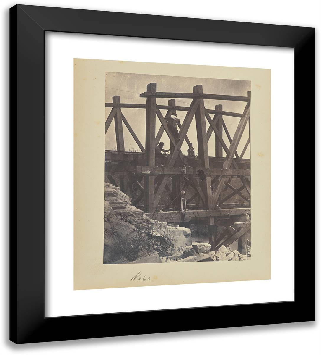 Boring Holes in a Bridge Truss for Explosives 20x22 Black Modern Wood Framed Art Print Poster by Russell, A.J.