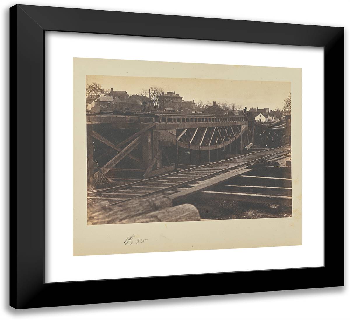 Bridge of Board Trusses Being Tested for Deflections 22x20 Black Modern Wood Framed Art Print Poster by Russell, A.J.