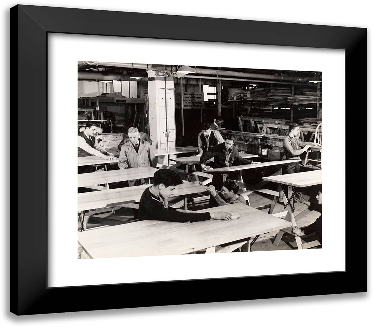 A Group of Men Inspects Wooden Tables 23x20 Black Modern Wood Framed Art Print Poster by Eagle, Arnold