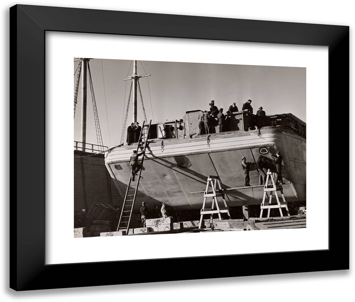 A Group of Men Work on a Docked Boat 24x20 Black Modern Wood Framed Art Print Poster by Eagle, Arnold
