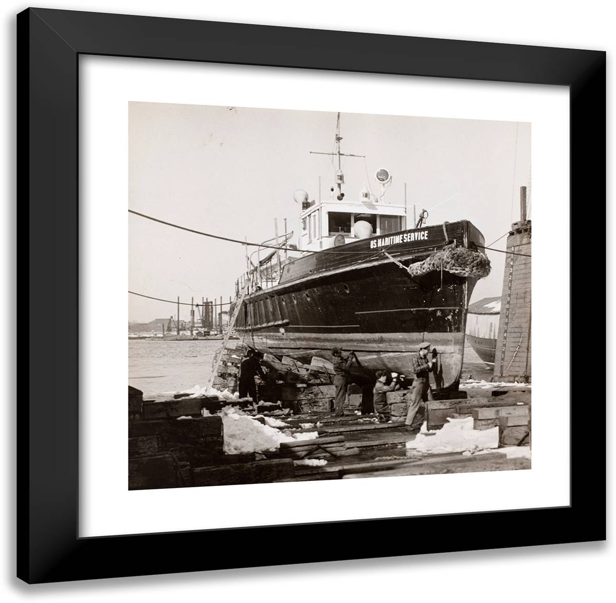 Four Men Repair the Lower Half of a Docked Boat 20x20 Black Modern Wood Framed Art Print Poster by Eagle, Arnold