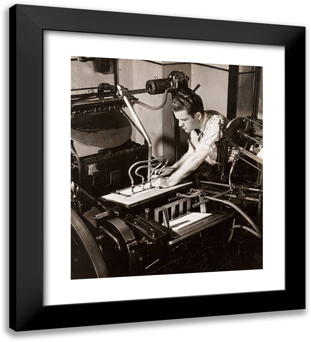 Man Adjusts Tubes on a Printing Press 20x22 Black Modern Wood Framed Art Print Poster by Eagle, Arnold