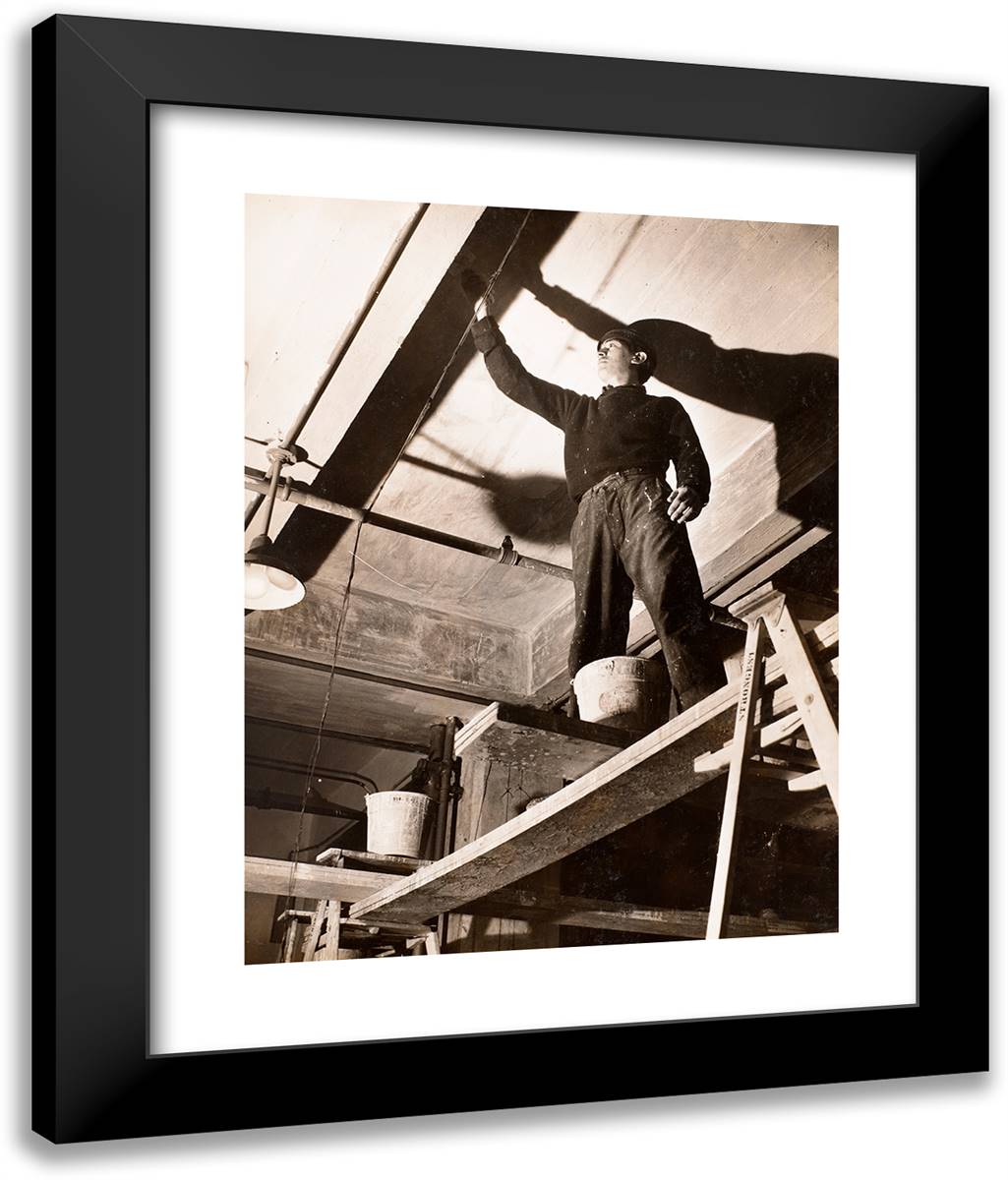 Man Standing on Wooden Scaffolding Paints a Ceiling 20x24 Black Modern Wood Framed Art Print Poster by Eagle, Arnold
