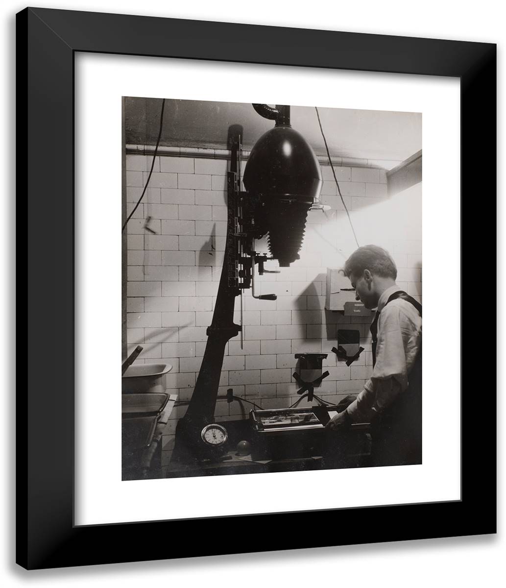 Man Uses a Photographic Enlarger in a Darkroom 20x24 Black Modern Wood Framed Art Print Poster by Eagle, Arnold