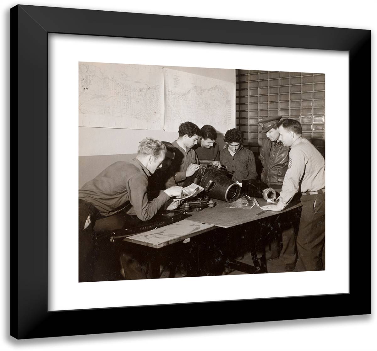 Six Men Inspect a Large Camera 21x20 Black Modern Wood Framed Art Print Poster by Eagle, Arnold