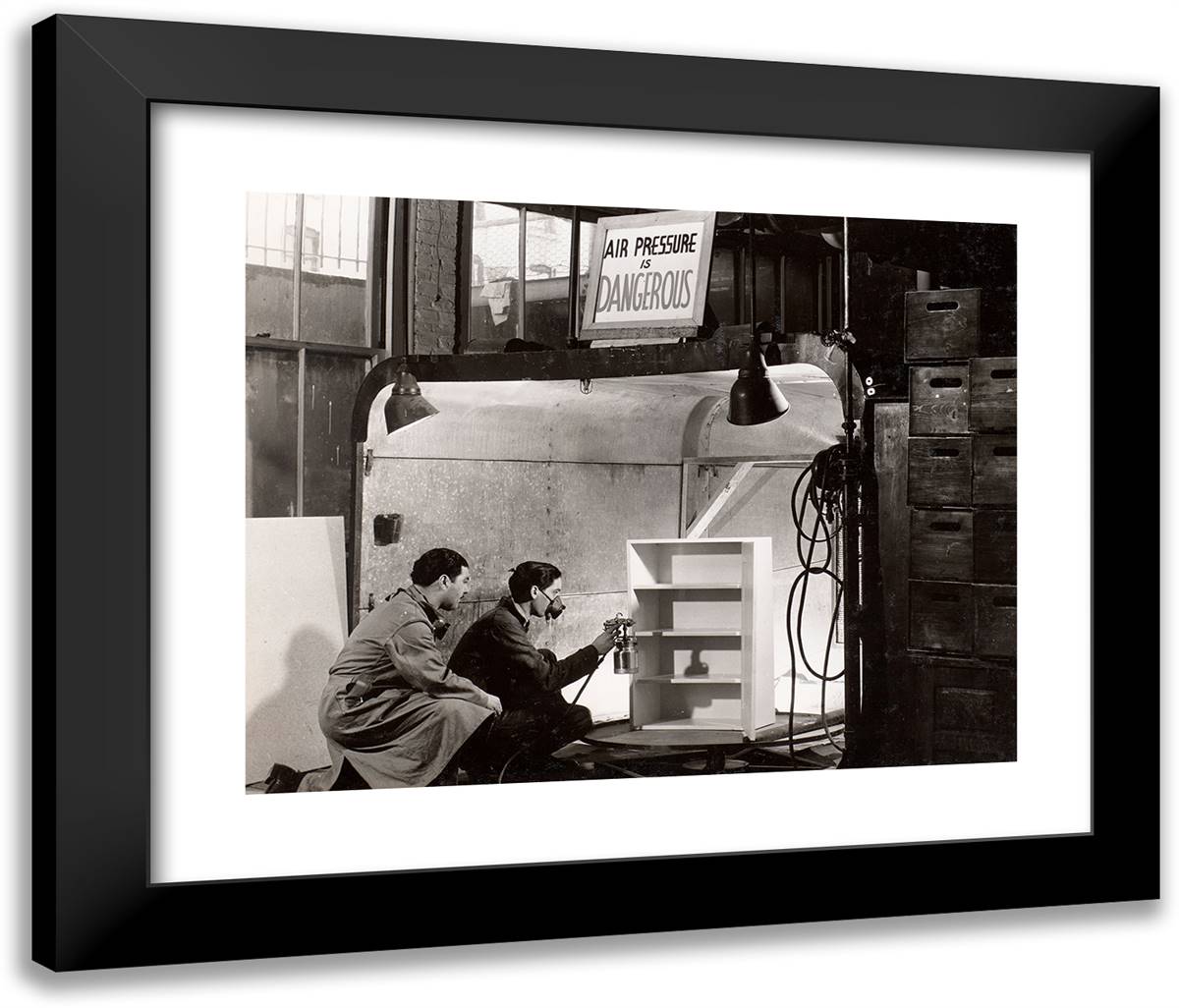 Two Men Airbrush Wooden Shelves 24x20 Black Modern Wood Framed Art Print Poster by Eagle, Arnold