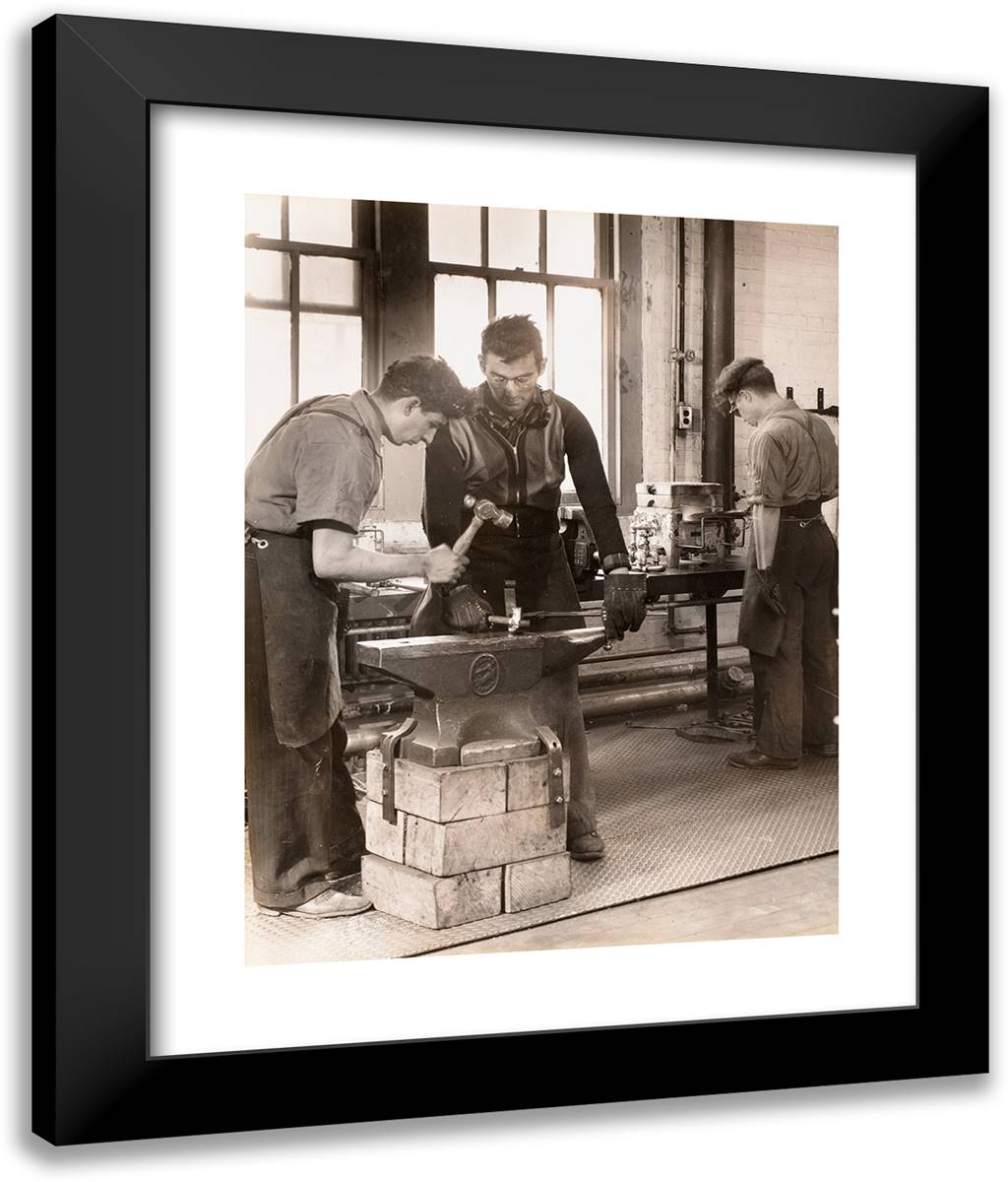 Two Men Hammer Metal on an Anvil 20x24 Black Modern Wood Framed Art Print Poster by Eagle, Arnold