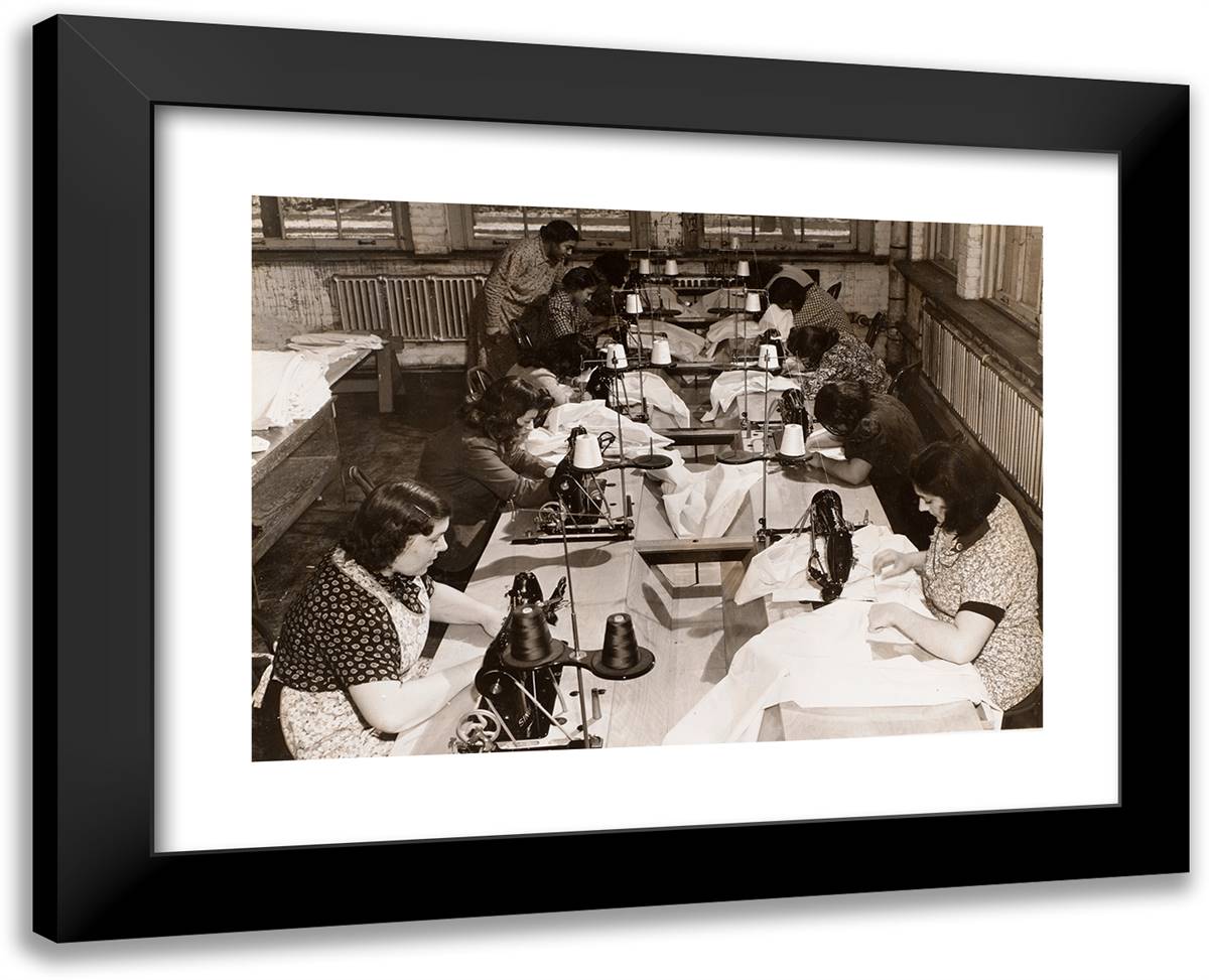 Two Rows of Women Work on Sewing Machines 24x19 Black Modern Wood Framed Art Print Poster by Eagle, Arnold