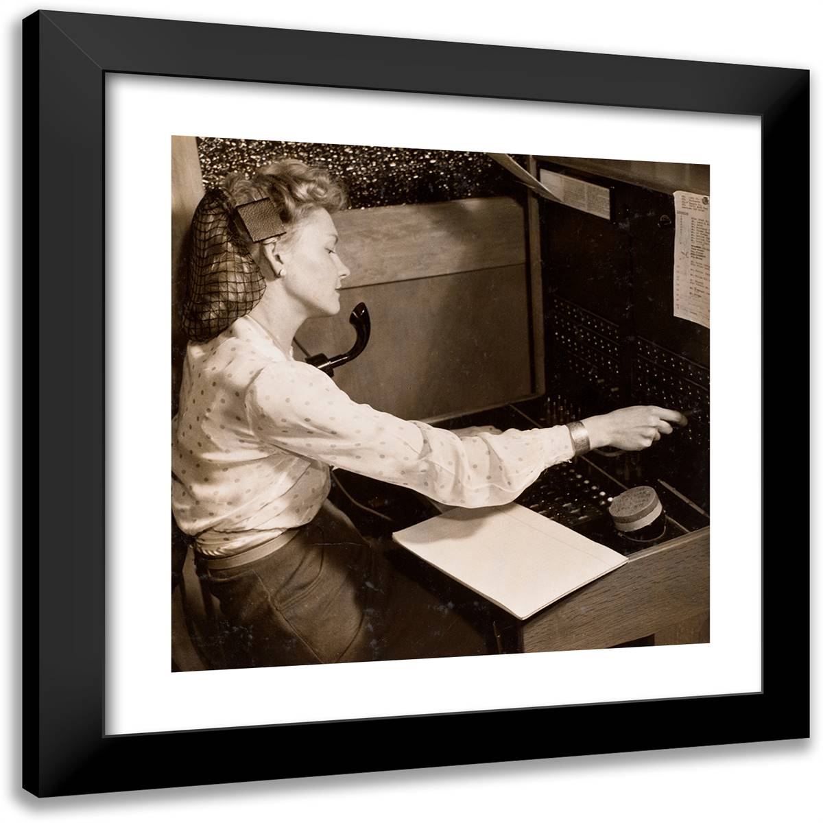 Woman Wearing a Hairnet Operates a Switchboard 20x20 Black Modern Wood Framed Art Print Poster by Eagle, Arnold