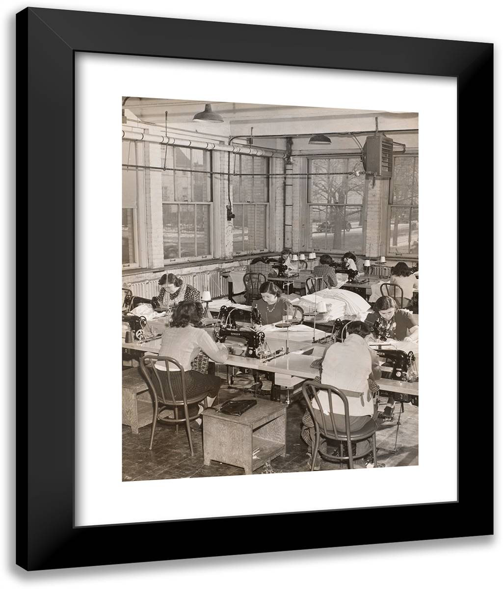 Women Seated at Desks Work on Sewing Machines 20x24 Black Modern Wood Framed Art Print Poster by Eagle, Arnold