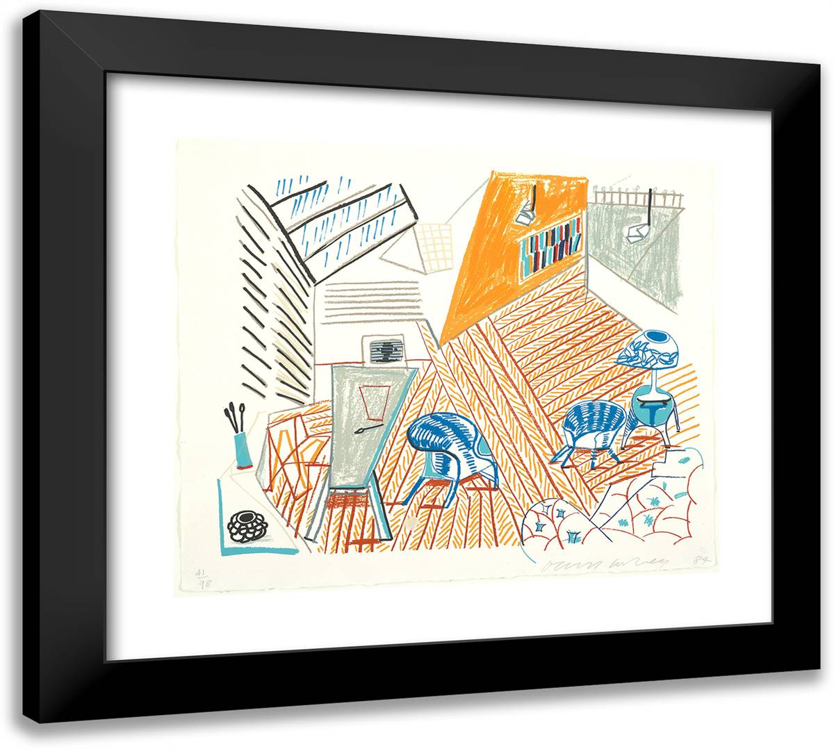 Pembroke Studio with Blue Chairs and Lamp 22x20 Black Modern Wood Framed Art Print Poster by Hockney, David
