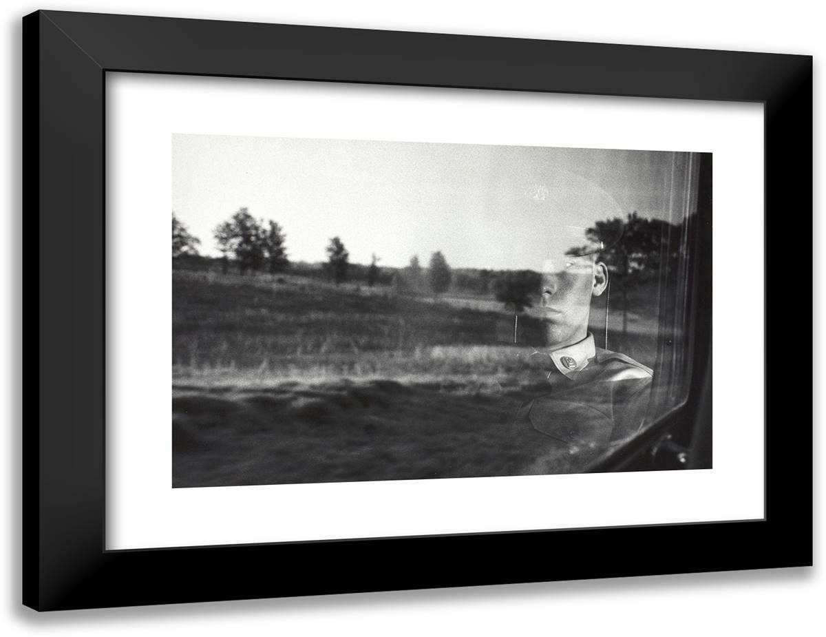 Reflections - Soldier on a Bus 24x18 Black Modern Wood Framed Art Print Poster by Stock, Dennis
