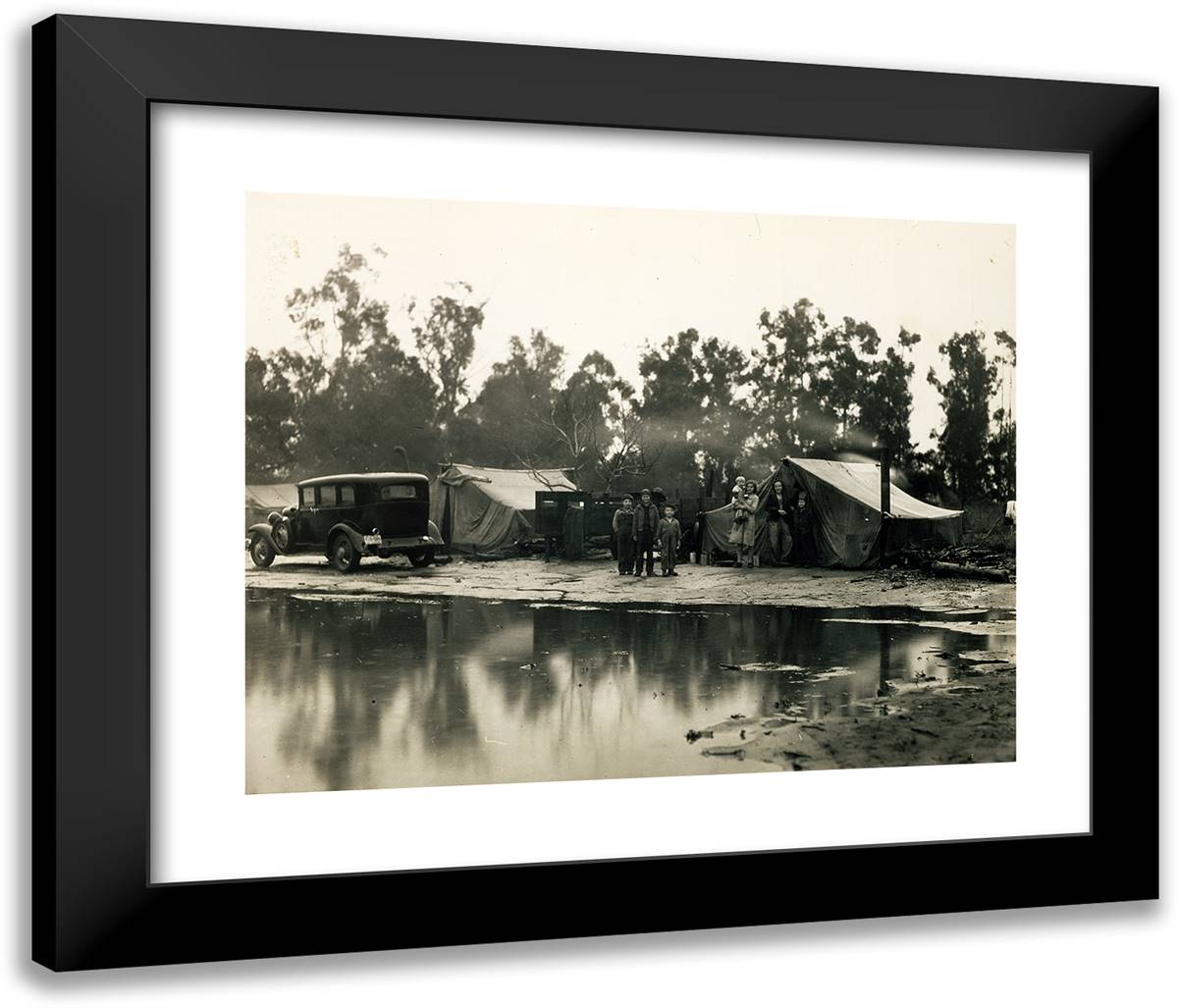 Rainy Day in Camp of Migrant Pea Pickers, Nipomo, California 24x20 Black Modern Wood Framed Art Print Poster by Lange, Dorothea