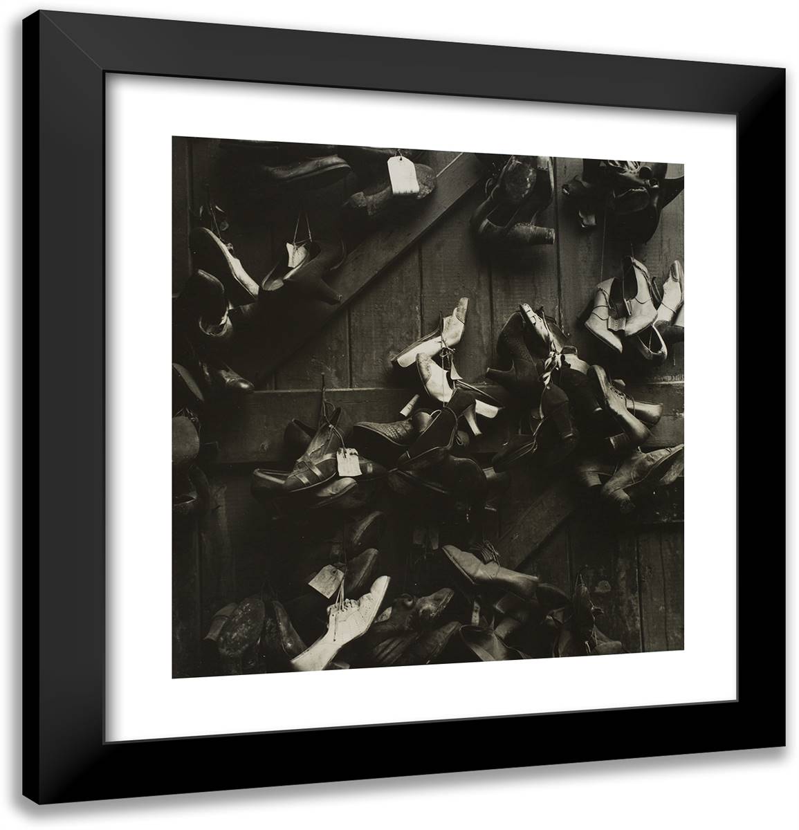 Reparied Shoes at James Kelly's Shop, Ennis, Ireland 20x21 Black Modern Wood Framed Art Print Poster by Lange, Dorothea