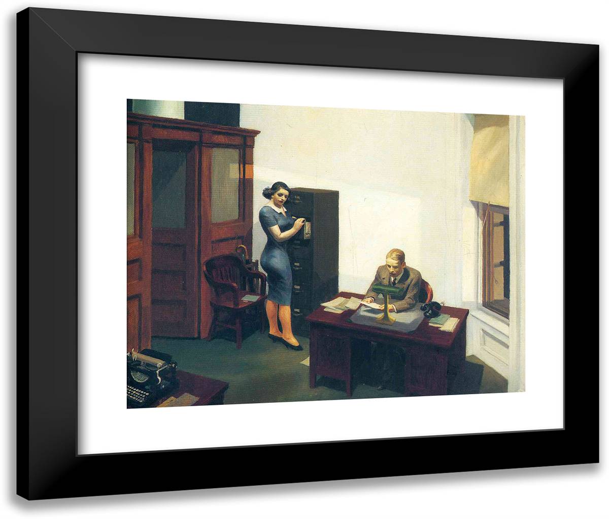 Office at Night 24x20 Black Modern Wood Framed Art Print Poster by Hopper, Edward