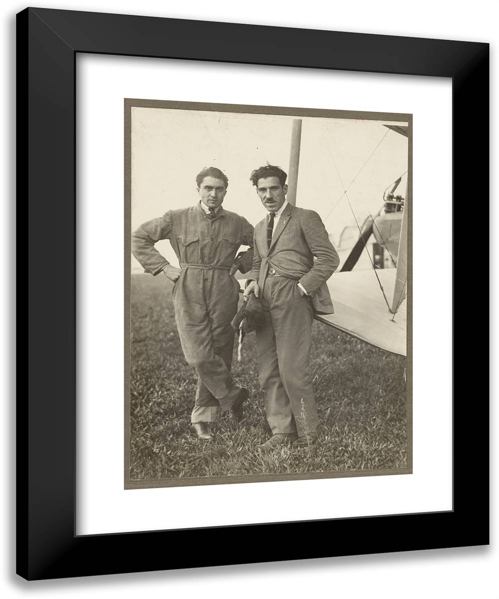 Portrait of Two Men by Plane 19x24 Black Modern Wood Framed Art Print Poster by Azari, Fedele