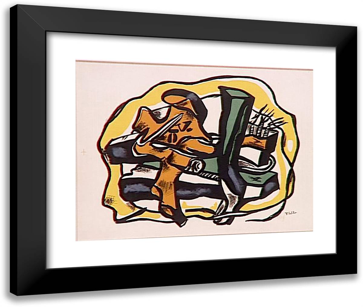 Composition On Yellow Background (Green Logs) 24x20 Black Modern Wood Framed Art Print Poster by Leger, Fernand