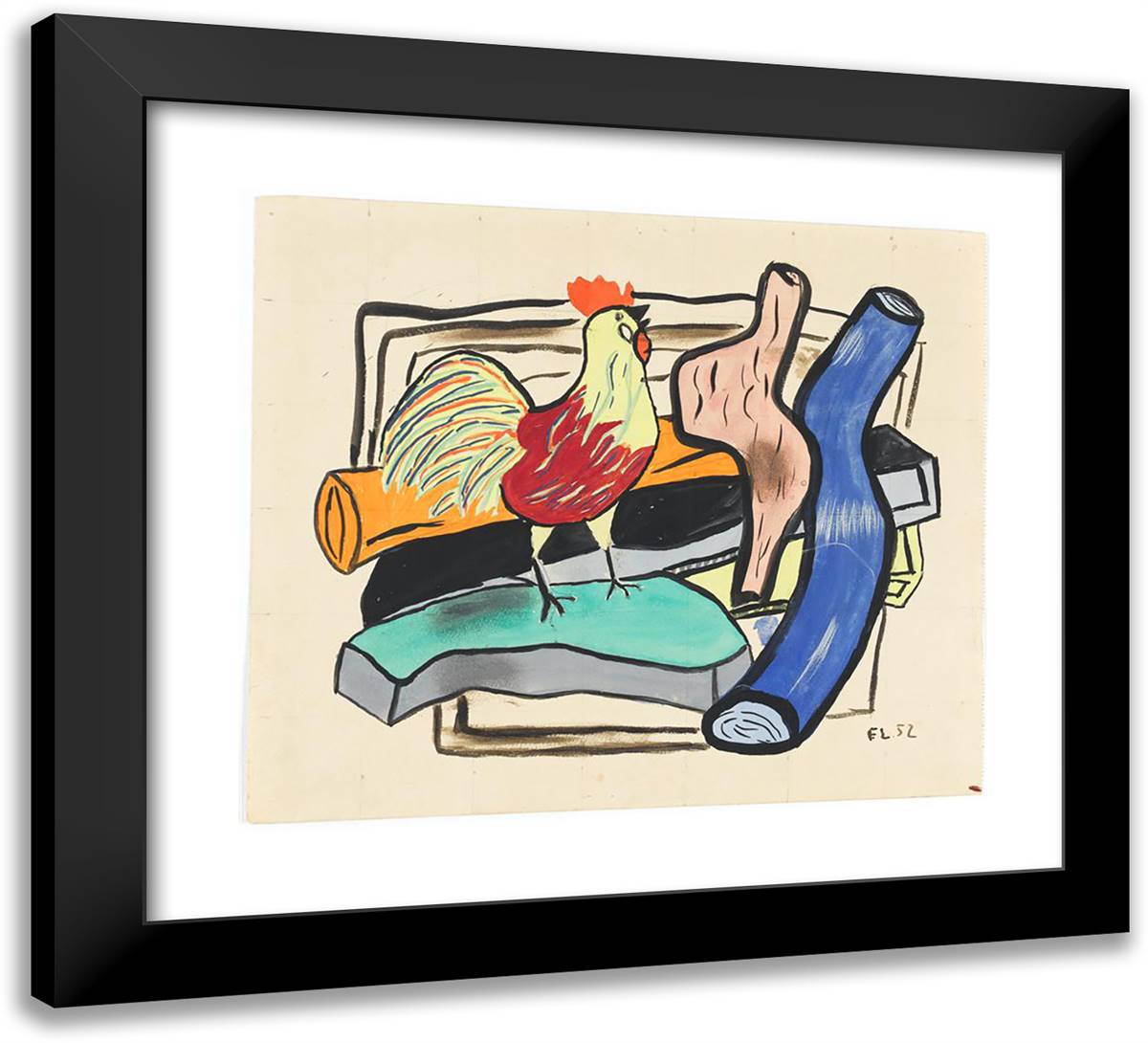 Rooster and Logs 22x20 Black Modern Wood Framed Art Print Poster by Leger, Fernand