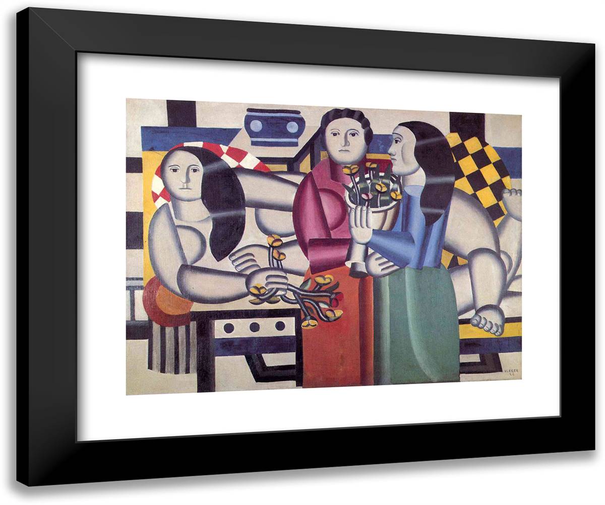 Three Women With Flowers 24x20 Black Modern Wood Framed Art Print Poster by Leger, Fernand